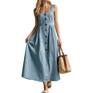 image:imageCHARTOU Women Button Front Overall Dress Summer Square Neck Pleated A Line Flowy Long Dress with PocketsBlue