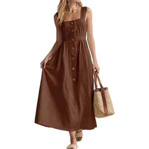 image:imageCHARTOU Women Button Front Overall Dress Summer Square Neck Pleated A Line Flowy Long Dress with PocketsCoffee