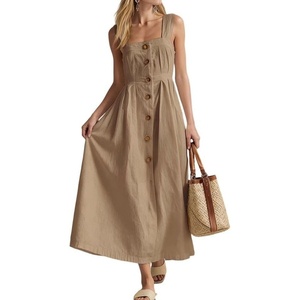 image:imageCHARTOU Women Button Front Overall Dress Summer Square Neck Pleated A Line Flowy Long Dress with PocketsKhaki