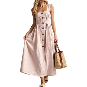 image:imageCHARTOU Women Button Front Overall Dress Summer Square Neck Pleated A Line Flowy Long Dress with PocketsPink