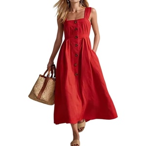 image:imageCHARTOU Women Button Front Overall Dress Summer Square Neck Pleated A Line Flowy Long Dress with PocketsRed