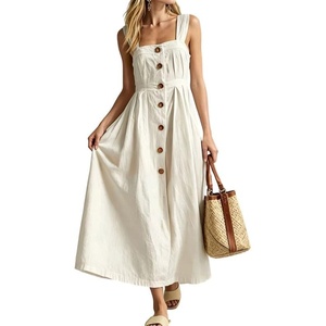 image:imageCHARTOU Women Button Front Overall Dress Summer Square Neck Pleated A Line Flowy Long Dress with PocketsWhite