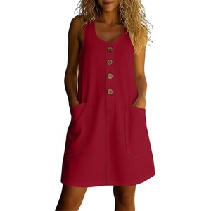 image:imageCHARTOU Women Cotton Linen Mini Dress Summer Casual Button Front Overall Dress with PocketsRed