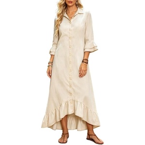 image:imageCHARTOU Women Ruffle Peplum Denim Maxi Dress Lapel Button Down 34 Flared Sleeve Shift Jean Dress with PocketsBeige
