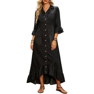 image:imageCHARTOU Women Ruffle Peplum Denim Maxi Dress Lapel Button Down 34 Flared Sleeve Shift Jean Dress with PocketsBlack