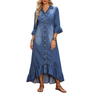 image:imageCHARTOU Women Ruffle Peplum Denim Maxi Dress Lapel Button Down 34 Flared Sleeve Shift Jean Dress with PocketsBlue