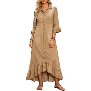 image:imageCHARTOU Women Ruffle Peplum Denim Maxi Dress Lapel Button Down 34 Flared Sleeve Shift Jean Dress with PocketsKhaki