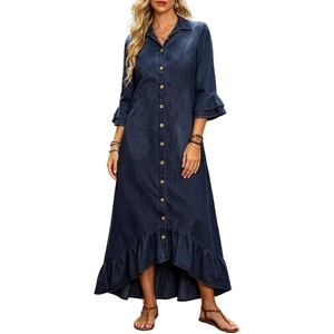 image:imageCHARTOU Women Ruffle Peplum Denim Maxi Dress Lapel Button Down 34 Flared Sleeve Shift Jean Dress with PocketsNavy Blue