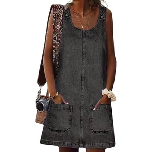 image:imageCHARTOU Women Sleeveless Denim Dress Short Jean Overall Summer Shift Mini Dress Western Tank Jumper Dress PocketBlack