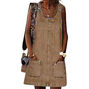 image:imageCHARTOU Women Sleeveless Denim Dress Short Jean Overall Summer Shift Mini Dress Western Tank Jumper Dress PocketKhaki