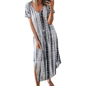 image:imageCHARTOU Womens Summer Comfy Short Sleeve Loose Fit TieDyed Side Split Maxi Long DressGrey