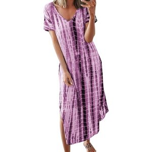 image:imageCHARTOU Womens Summer Comfy Short Sleeve Loose Fit TieDyed Side Split Maxi Long DressPurple