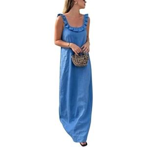 image:imageCHARTOU Womens Summer Linen Midi Dress Ruffle Sleeveless Casual Loose Long Tank Dress Beach Cover Up Sundress with PocketsBlue