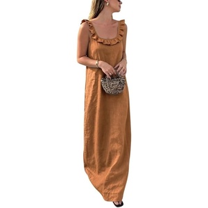 image:imageCHARTOU Womens Summer Linen Midi Dress Ruffle Sleeveless Casual Loose Long Tank Dress Beach Cover Up Sundress with PocketsBrown
