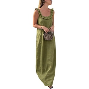 image:imageCHARTOU Womens Summer Linen Midi Dress Ruffle Sleeveless Casual Loose Long Tank Dress Beach Cover Up Sundress with PocketsGreen