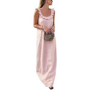 image:imageCHARTOU Womens Summer Linen Midi Dress Ruffle Sleeveless Casual Loose Long Tank Dress Beach Cover Up Sundress with PocketsPink