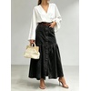 image:imageCHARTOU Women Button Front Slit Long Jean Skirt Elastic Waist Tiered Denim SkirtBlack