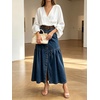 image:imageCHARTOU Women Button Front Slit Long Jean Skirt Elastic Waist Tiered Denim SkirtDark Blue