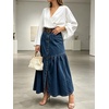 image:imageCHARTOU Women Button Front Slit Long Jean Skirt Elastic Waist Tiered Denim SkirtDark Blue