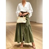image:imageCHARTOU Women Button Front Slit Long Jean Skirt Elastic Waist Tiered Denim SkirtGreen