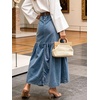 image:imageCHARTOU Women Button Front Slit Long Jean Skirt Elastic Waist Tiered Denim SkirtLight Blue