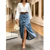 image:imageCHARTOU Women Button Front Slit Long Jean Skirt Elastic Waist Tiered Denim SkirtLight Blue