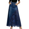 image:imageCHARTOU Women Lace Patchwork Jean Skirts Boho Floral Embroidered Denim Long SkirtDark Blue