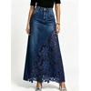 image:imageCHARTOU Women Lace Patchwork Jean Skirts Boho Floral Embroidered Denim Long SkirtDark Blue