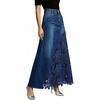 image:imageCHARTOU Women Lace Patchwork Jean Skirts Boho Floral Embroidered Denim Long SkirtDark Blue