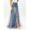 image:imageWomen Denim Maxi Skirt Sheer Mesh Tulle Patchwork Split Long Jean SkirtsBlue