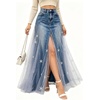 image:imageWomen Denim Maxi Skirt Sheer Mesh Tulle Patchwork Split Long Jean SkirtsBlue