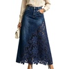 image:imageCHARTOU Women Lace Patchwork Jean Skirts Boho Floral Embroidered Denim Long SkirtDark Blue