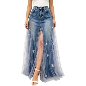 image:imageWomen Denim Maxi Skirt Sheer Mesh Tulle Patchwork Split Long Jean SkirtsBlue