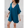 image:imageCHARTOU Women Loose Fit Cotton Linen Rompers V Neck Short Sleeve Wide Leg Ruffle Shorts Jumpsuit with PocketsBlue