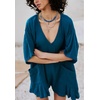image:imageCHARTOU Women Loose Fit Cotton Linen Rompers V Neck Short Sleeve Wide Leg Ruffle Shorts Jumpsuit with PocketsBlue