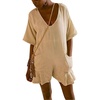 image:imageCHARTOU Women Loose Fit Cotton Linen Rompers V Neck Short Sleeve Wide Leg Ruffle Shorts Jumpsuit with PocketsApricot