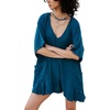 image:imageCHARTOU Women Loose Fit Cotton Linen Rompers V Neck Short Sleeve Wide Leg Ruffle Shorts Jumpsuit with PocketsBlue