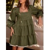 image:imageCHARTOU Women Denim Mini Dress Long Sleeve Back Zip Contrast Trim Babydoll Tiered Jean Dress with PocketsArmy Green