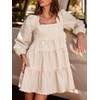 image:imageCHARTOU Women Denim Mini Dress Long Sleeve Back Zip Contrast Trim Babydoll Tiered Jean Dress with PocketsBeige