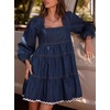 image:imageCHARTOU Women Denim Mini Dress Long Sleeve Back Zip Contrast Trim Babydoll Tiered Jean Dress with PocketsDark Blue