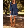 image:imageCHARTOU Women Denim Mini Dress Long Sleeve Back Zip Contrast Trim Babydoll Tiered Jean Dress with PocketsDark Blue