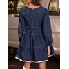 image:imageCHARTOU Women Denim Mini Dress Long Sleeve Back Zip Contrast Trim Babydoll Tiered Jean Dress with PocketsDark Blue