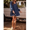 image:imageCHARTOU Women Denim Mini Dress Long Sleeve Back Zip Contrast Trim Babydoll Tiered Jean Dress with PocketsDark Blue