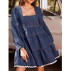 image:imageCHARTOU Women Denim Mini Dress Long Sleeve Back Zip Contrast Trim Babydoll Tiered Jean Dress with PocketsDark Blue