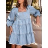 image:imageCHARTOU Women Denim Mini Dress Long Sleeve Back Zip Contrast Trim Babydoll Tiered Jean Dress with PocketsLight Blue