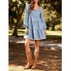 image:imageCHARTOU Women Denim Mini Dress Long Sleeve Back Zip Contrast Trim Babydoll Tiered Jean Dress with PocketsLight Blue