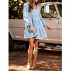 image:imageCHARTOU Women Denim Mini Dress Long Sleeve Back Zip Contrast Trim Babydoll Tiered Jean Dress with PocketsLight Blue
