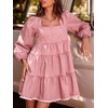 image:imageCHARTOU Women Denim Mini Dress Long Sleeve Back Zip Contrast Trim Babydoll Tiered Jean Dress with PocketsPink