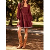 image:imageCHARTOU Women Denim Mini Dress Long Sleeve Back Zip Contrast Trim Babydoll Tiered Jean Dress with PocketsRed