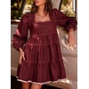 image:imageCHARTOU Women Denim Mini Dress Long Sleeve Back Zip Contrast Trim Babydoll Tiered Jean Dress with PocketsRed
